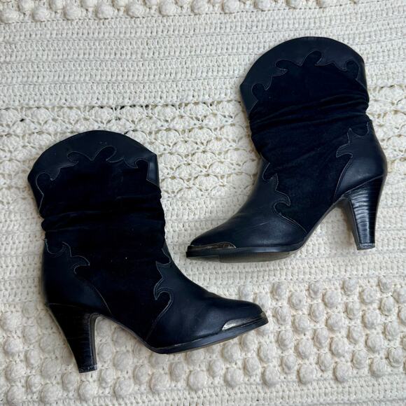 VINTAGE NEDWEST Women's Size 8 Slouchy Leather Heeled Cowgirl Boots Black Flames - Picture 5 of 14